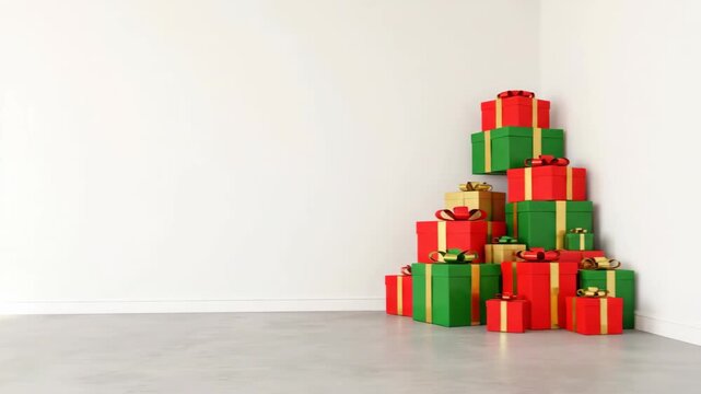 Red gifts stacked against a white wall