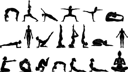 Grunge Silhouette Various Yoga Poses Collection Asana Sport Exercise Illustration