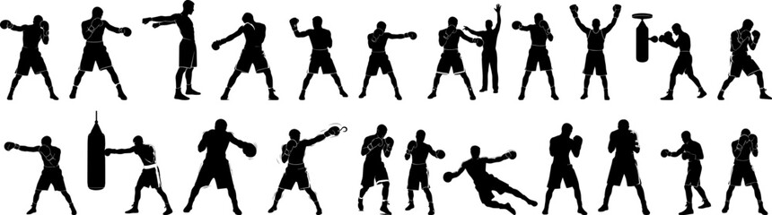 Silhouette Action Boxer Man Practicing Sport Training Pose Collection Set