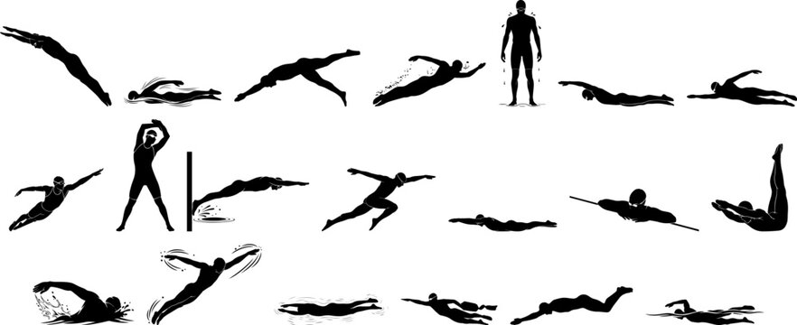 Grunge Silhouette Style Diverse Swimmer Action Sport Activity Illustration