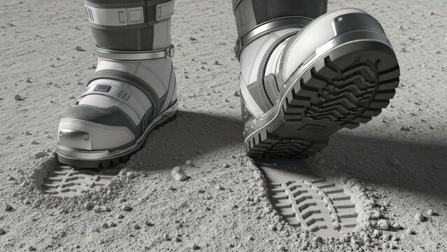 Closeup of astronaut boots leaving footprints in lunar or planetary dust, representing space exploration and first steps on a new world - Powered by Adobe
