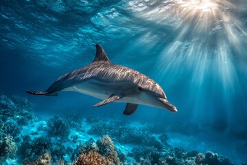 Fototapeta premium Dolphin Swims Through Clear Water With Coral Reefs and Sun Rays Shining Down on a Vibrant Underwater Scene
