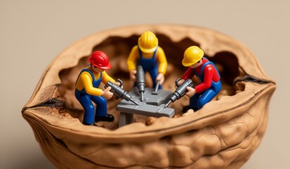 Tiny workers create a masterpiece inside a walnut shell in a playful scene full of imagination