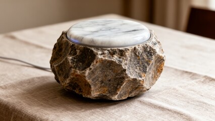 Natural stone lamp blends rustic charm with modern design in a cozy interior setting