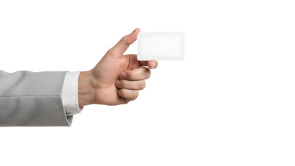 Hand holding blank white business card isolated on a transparent background gray suit sleeve thumb
