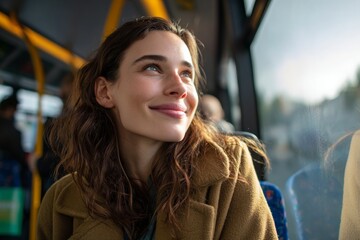 Happy Female Passenger Enjoys Bus Ride While Looking out Window During Daytime in Urban Area