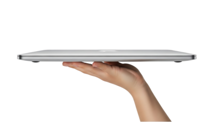 Hand holding white tablet horizontally isolated on a transparent background