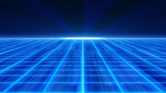 Abstract blue glowing neon laser grid futuristic high tech with energy lines on surface and horizon, abstract