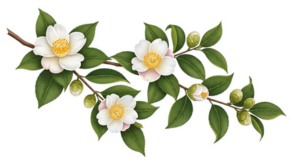 White Camellia Flowers with Green Leaves and Buds isolated on a transparent background white flowers