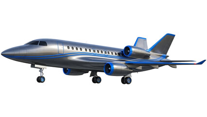 Naklejka premium Silver private jet with blue accents isolated on a transparent background airplane aircraft
