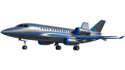 Silver private jet with blue accents isolated on a transparent background airplane aircraft