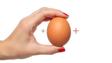 Hand holding brown egg with red nails and plus signs isolated on a transparent background