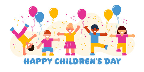 Children's Day, confettihappy children and flying helium balloons. World Children's Day. Boys and girls. International Day of Happiness and joy. Celebration Poster. Vector Illustration