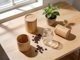 Eco-Friendly Sustainable Coffee Flat Lay with Bamboo Containers Glass Jars Organic Coffee Beans and Green Plant