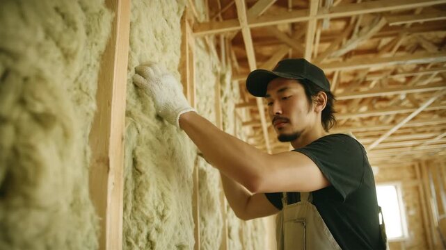 男性が木造の壁に断熱材を正確に施工している作業風景