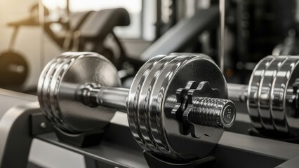 Fototapeta premium Close up of chrome dumbbells resting on a rack in a dimly lit modern gym with exercise equipment blurred in the background