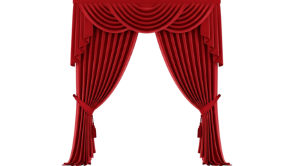 Red Curtain Draped Window Treatment with Tied Back Panels isolated on a transparent background draped curtain