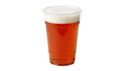 Amber beer in a clear plastic cup with foam isolated on a transparent background drink beverage