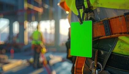 A closeup of a safety harness with a blank green tag In the blurred background a construction worker stands on a site at sunrise