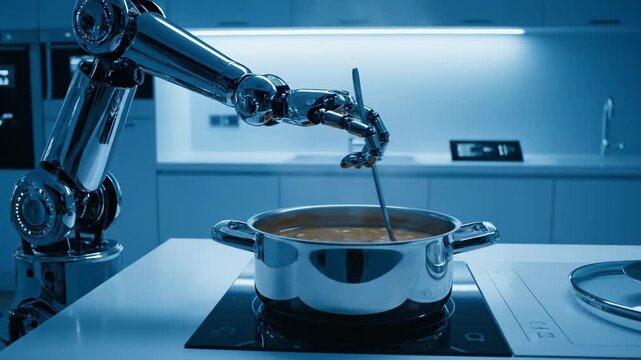 Robot arm stirs a pot of food in a modern kitchen