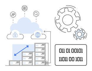 Cloud computing, servers, data storage, technology scalability, security, digital services. Servers and binary code with cloud and gear icons. Cloud computing and servers concept