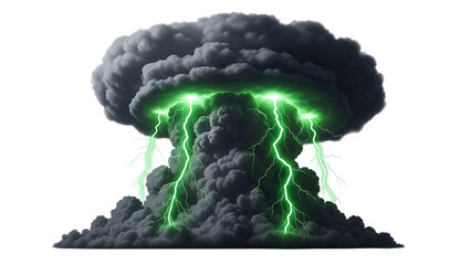 Green lightning storm cloud with dark gray clouds and electric discharge isolated on a transparent background