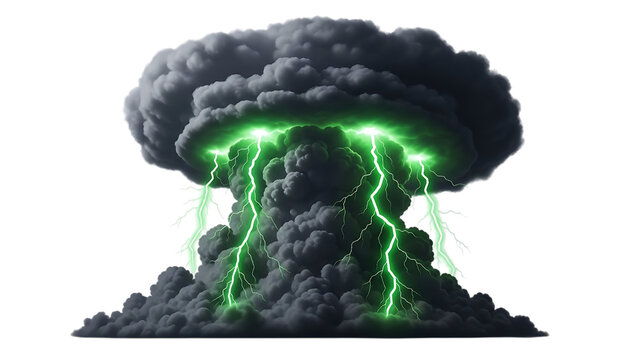 Green lightning storm cloud with dark gray clouds and electric discharge isolated on a transparent background - Powered by Adobe