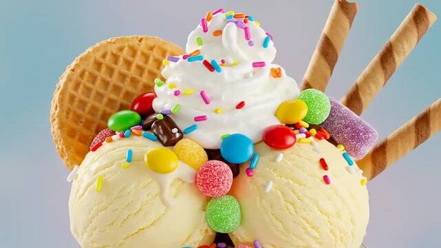 Delicious vanilla ice cream sundae with colorful sprinkles and crispy waffle on a light background