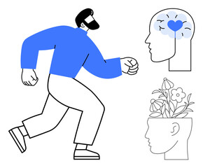 Man walking confidently, abstract head illustrations with heart and plants symbolizing emotional health, growth, creativity. Ideal for psychology, wellness, balance, progress, mindfulness personal