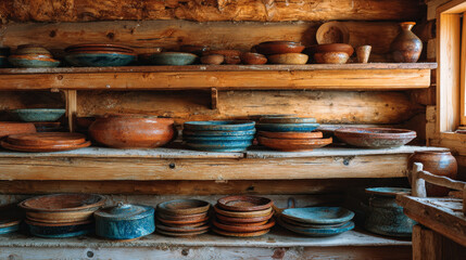 Earthenware dishes displayed on a wooden shelf in a pottery workshop. Pottery production in Suzdal, Vladimir region.
