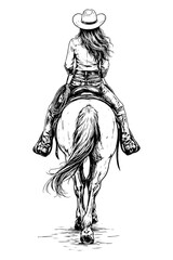 Cowgirl riding a horse backview sketch vector illustration