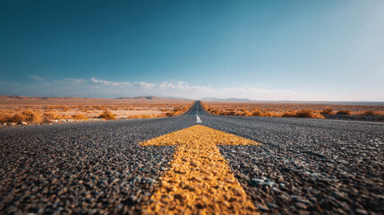 Empty road with arrow sign, symbolizing the path toward New Year 2025. Concept of starting a journey, leaving 2024 behind, future planning, fresh beginnings, growth, and moving forward under  blue sky