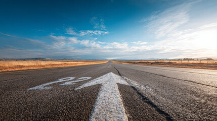 Empty road with arrow sign, symbolizing the path toward New Year 2025. Concept of starting a journey, leaving 2024 behind, future planning, fresh beginnings, growth, and moving forward under  blue sky