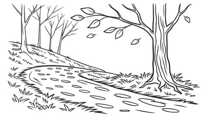 Fototapeta premium Winding autumn forest path with falling leaves line art. Hand-drawn nature landscape illustration.