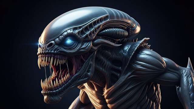 Closeup portrait of a terrifying xenomorphlike alien creature with glowing blue eyes and sharp teeth, dark moody lighting, science fiction horror concept art