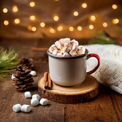 Collection of photos showcasing a steaming mug of velvety hot chocolate with melting marshmallows and cinnamon, wrapped in cozy knit textures, pinecones, soft evergreen blur and glowing golden holiday