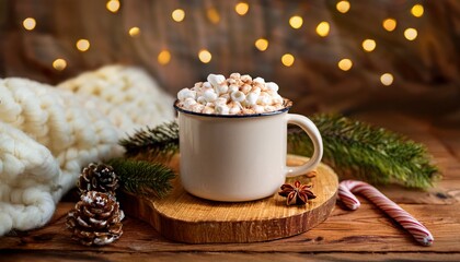Collection of photos showcasing a steaming mug of velvety hot chocolate with melting marshmallows and cinnamon, wrapped in cozy knit textures, pinecones, soft evergreen blur and glowing golden holiday
