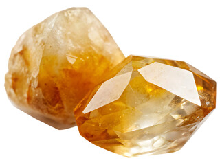 Two yellow crystal gemstones on white background isolated on a transparent background