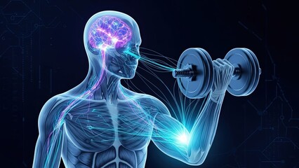 Digital representation of human body lifting a dumbbell, symbolizing the connection between mind, brain activity, and physical strength training and exercise