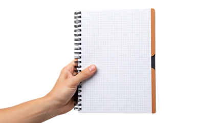 Hand holding spiral bound notebook with blank white paper isolated on a transparent background blank paper