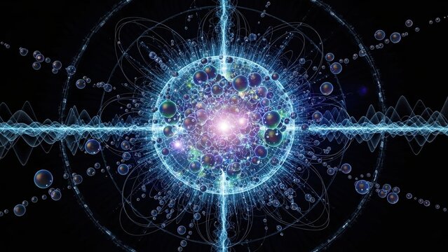 Abstract representation of a quantum physics concept, atomic structure, subatomic particles, energy field, and waveparticle duality in deep space