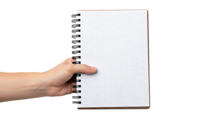 Hand holding a spiral bound notebook with blank white grid paper isolated on a transparent background