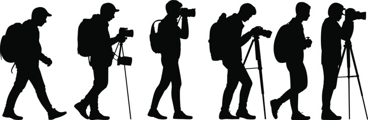 Silhouette photographers with cameras and tripods walking and shooting in sequence, professional photography concept isolated on white background, travel documentary and creative media illustration © Hasem Creative