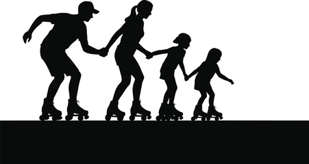 Silhouette of Family Roller Skating in Line – Recreational Activity Scene Emphasizing Togetherness, Outdoor Fun, Physical Fitness, and Bonding Across Generations