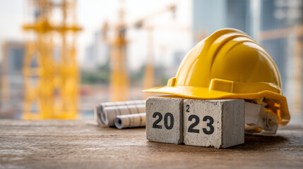 Happy New Year 2023 construction and industry concept. White helmet and numbered concrete cube on an engineer&rsquo;s or construction worker&rsquo;s desk, with cranes and buildings in the background.
