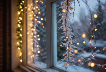 Colorful Fairy Lights on a Snowy Window with Winter Landscape
