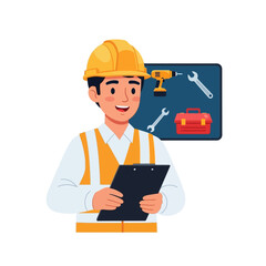 Construction Worker Holding Clipboard with Tools.