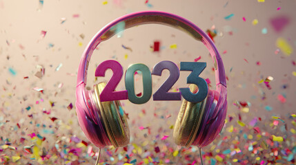 Happy New Year 2025. Year 2025 with headphones symbolizing creativity, inspiration, and idea planning, set against a colorful background.
