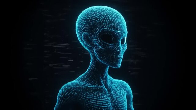 Digital Alien Hologram Display with Binary Code for futuristic Technology Concept
