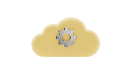 Golden cloud with silver gear isolated PNG on transparent background, cloud computing and data management concept for technology and business